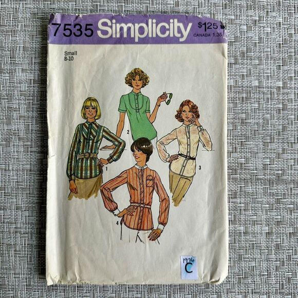 Vintage 70s SIMPLICITY Sewing Pattern 7535 Shirts in 4 Looks Sz 8-10 - Picture 1 of 2